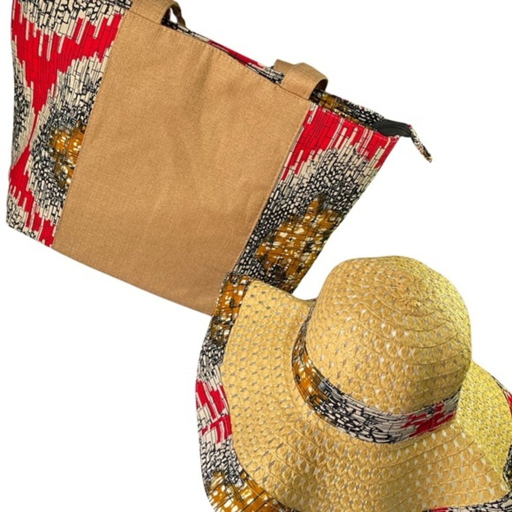 Set African Canvas Zip Closure Large Padded Tote Bag and One Size Straw Hat